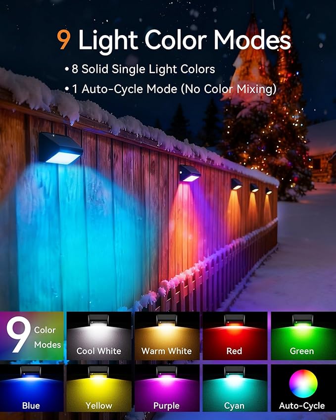 Solar Fence Lights Outdoor, 2 Pack Ultra-Bright 100 Lumens Fence Lights Solar Powered, IP65 Waterproof, 9 Color Modes, 12+ Hours Lighting Decor for Backyard/Patio/Deck/Wall/Pool