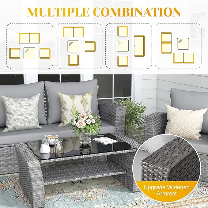 4-Piece Outdoor Patio Furniture Set, All Weather Wicker Rattan Sectional Sofa Conversation Seating Set with Cushions & Large Glass Coffee Table, Ideal for Garden Backyard Porch, Grey
