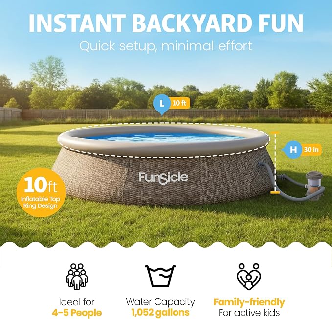 Funsicle Quickset Designer 10' x 30" Round Above Ground Swimming Pool, with FiltraBoost 400 GPH Filter Pump, Type I Filter Cartridge & Repair Patch, Triple Basketweave Print