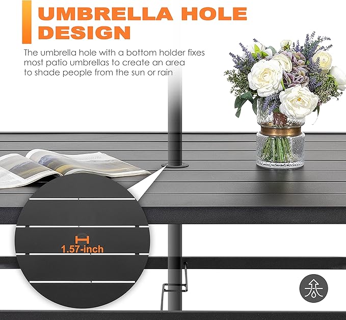NUU GARDEN 7 Pieces Patio Dining Set, All-Weather Outdoor Furniture with 6 Textilene Dining Chairs and 61" Rectangle Metal Dining Table with Umbrella Hole for Patio Deck Garden, Black and Brown