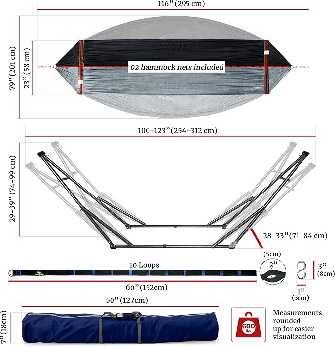Tranquillo Combo x2 Hammocks with Stand for Outside & Tree Straps, Heavy Duty Hammock with Stand 600lbs for Indoor Outdoor Patio Backyard, x2 Hammocks for 2 Person (Combo - Black, Medium)