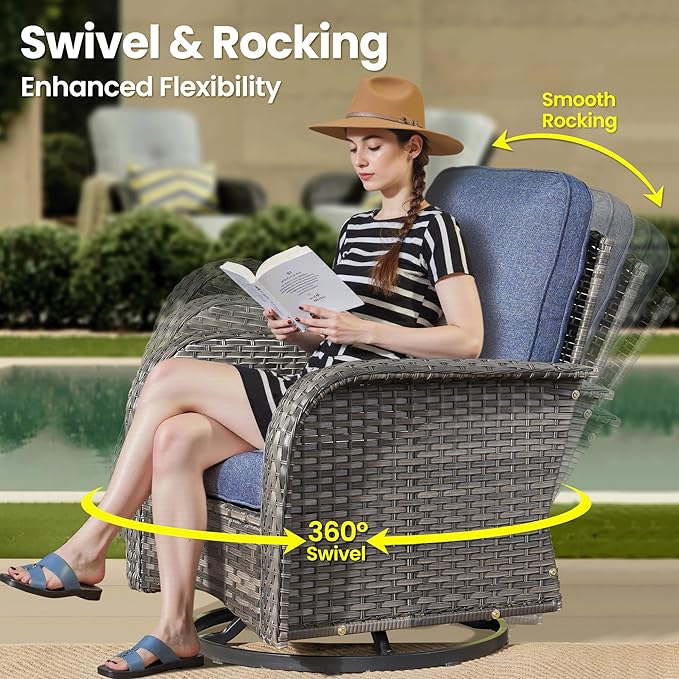 ovios 3-Piece Patio Furniture Set, Outdoor Wicker Sofa with Swivel Chairs, High Back Rattan Gliders Rocker with Comfy Cushions for Porch Yard Deck, Denim Blue