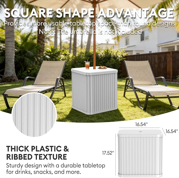 Umbrella Side Table Outdoor Patio Table with Umbrella Hole, Heavy Duty Plastic Poolside Table Holds 132 lbs with Water Filled Base, Fits ≤1.5”Umbrella Pole for Poolside & Backyard, White