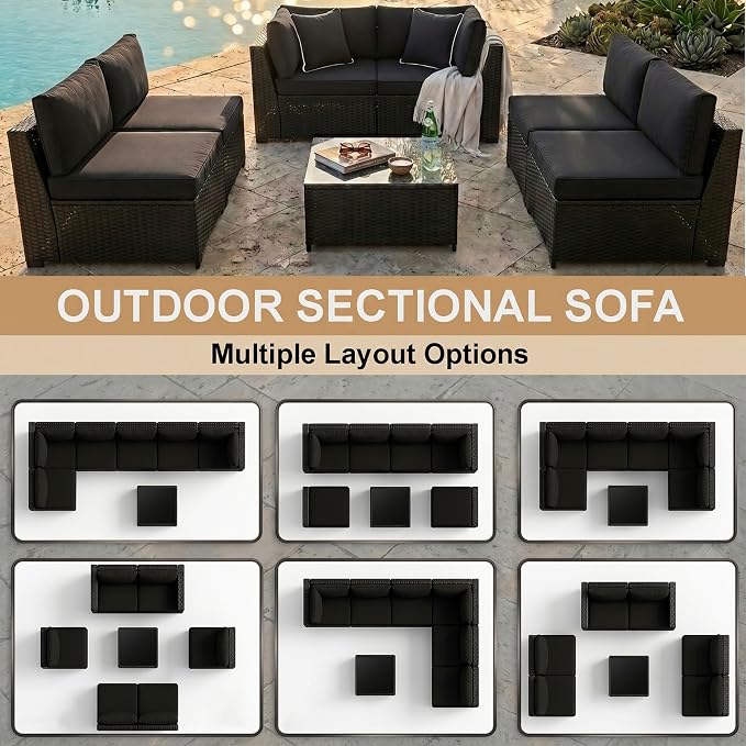 KIGOTY 7-Piece Patio Furniture Set, All-Weather PE Rattan Outdoor Sectional Sofa, Modular Wicker Conversation Set with Thick Washable & Easy-Clean Coffee Table（Black/Black-X）