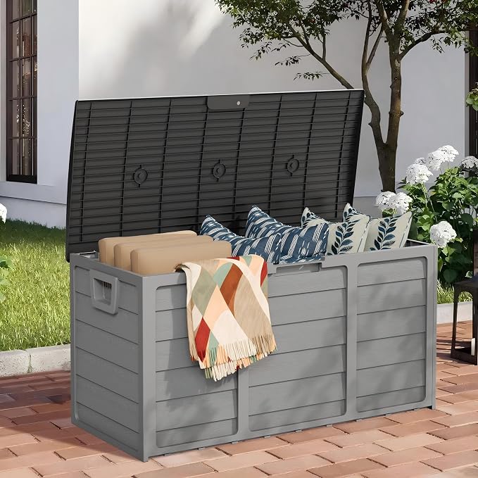 75 Gallon Deck Storage Box Resin Outdoor Storage Container with Handles for Patio Garden Yard, Black, Grey