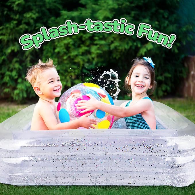 ArtCreativity Sparkly Inflatable Kiddie Pool, Transparent with Silver Glitter and Cushioned Bottom, Outdoor for Backyard, Toys for Kids, 3 Levels