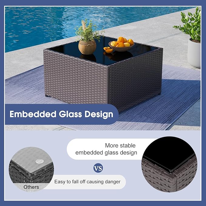 kinbor 7 Piece Outdoor Furniture Set - Waterproof Brown PE Wicker Patio Sofa with Cushions for Backyard, Poolside & Porch, Navy Blue