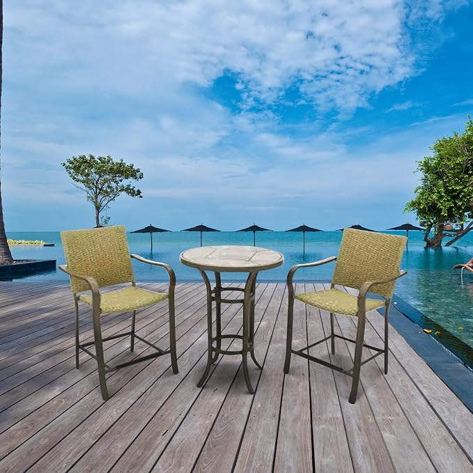 Four Seasons Courtyard Amalfi 3 Piece Woven Outdoor Balcony Furniture, Patio Dining Set with Steel Frame, Includes 1 Table and 2 Chairs, Beige