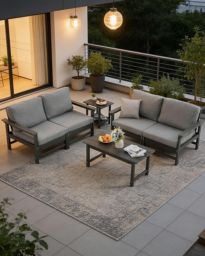 HDPE Outdoor Patio Furniture Set with Cushions, 6 Piece Patio Conversation Set Sofa Set,All Weather Outdoor Couch Set with Coffee Table for Lawn, Garden, Deck