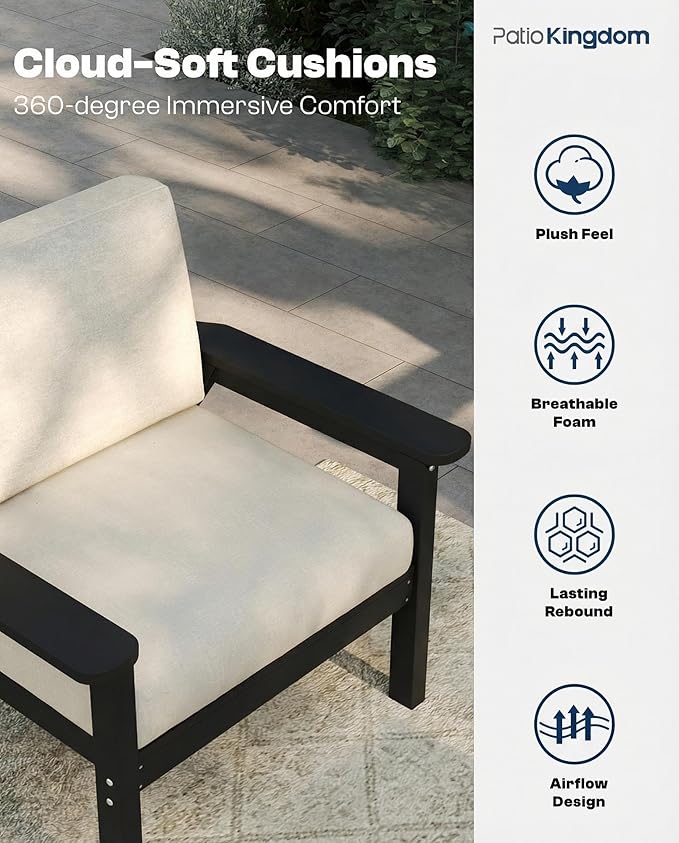 HDPE 7 Piece Patio Furniture Set, HDPE Outdoor Sectional with with Beige Thick Cushions, Coffee Table and Side Table, Patio Conversation Sets for Lawn, Garden, Porch (Black Frame)