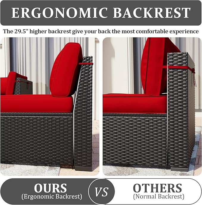 Patio Furniture Set, 7 Pieces Outdoor Sectional Sofa Set with Waterproof Cover, Black PE Wicker Rattan Slanted Back Outdoor Conversation Set with Cushions and Glass Coffee Table, Wine red