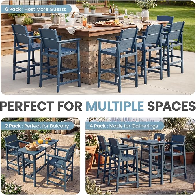 HDPE Outdoor Bar Height Chairs Set of 6, 28.5" Seat All-Weather High Top Patio Stools with Backrest, Heavy Duty Commercial Grade Deck Seating for Backyard Party/Pool/Balcony, Wood Texture Blue