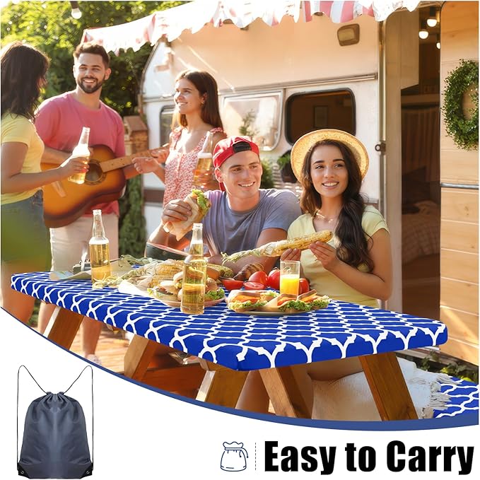 Smiry Picnic Table Cover with Bench Covers, Waterproof Elastic Fitted Tablecloth for 8 Foot Tables, Washable Polyester Tablecloths for Camping, Indoor & Outdoor (Blue, 30x96 Inch 3-pc Set)