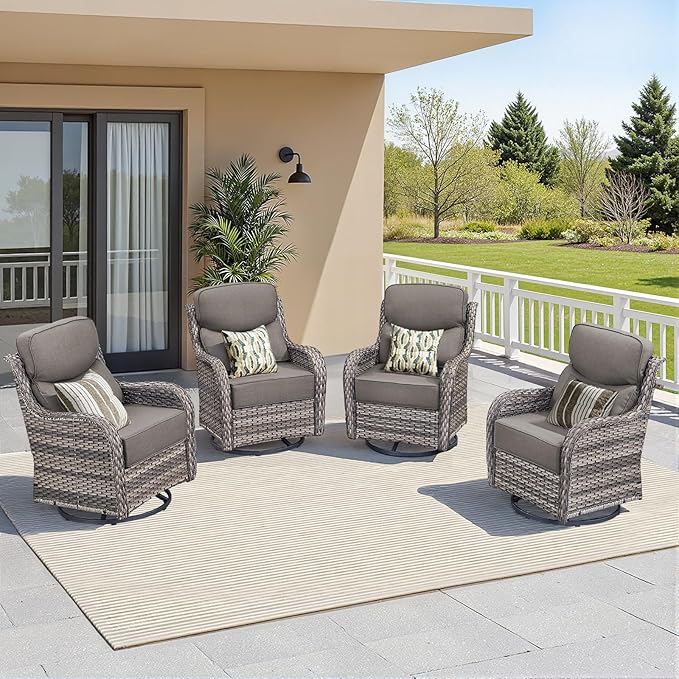 Luxury Outdoor Swivel Rocker Patio Chairs-4 Pieces High Back Swivel Rocker Patio Chairs with Thick Cushions All Weather Wicker Outdoor Furniture Set for Deck Porch Balcony(Grey/Grey)