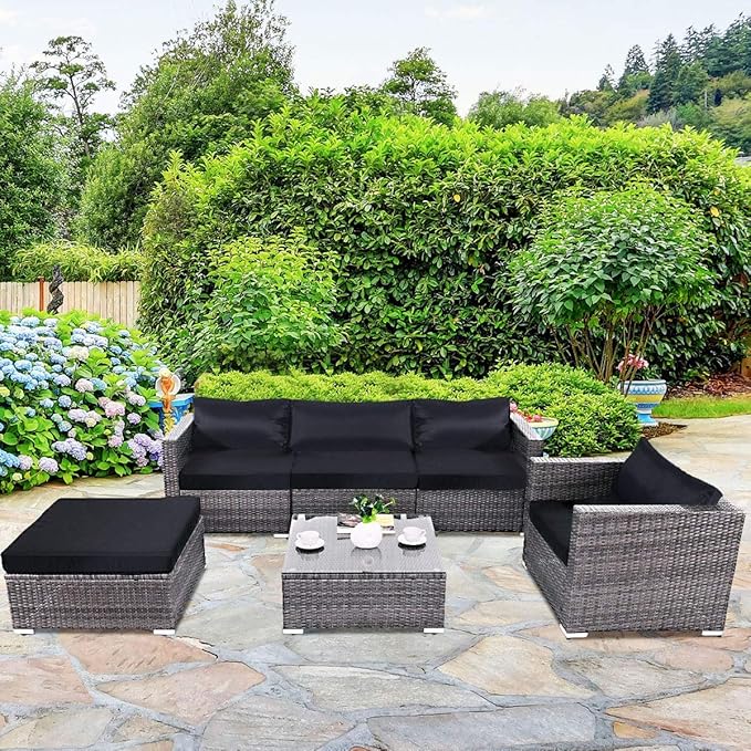 Tangkula 6PC Patio Furniture Set Outdoor Garden Backyard Poolside All Weather PE Rattan Wicker Steel Frame Sectional Cushioned Seat Sofa Conversation Set (Grey)