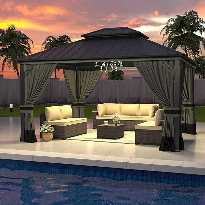 ALAULM 12'x14' Hardtop Gazebo, Outdoor Double Roof Canopy with Netting and Curtains, Galvanized Metal Frame, Sunshade for Patio, Backyard, Deck and Lawns-Gray