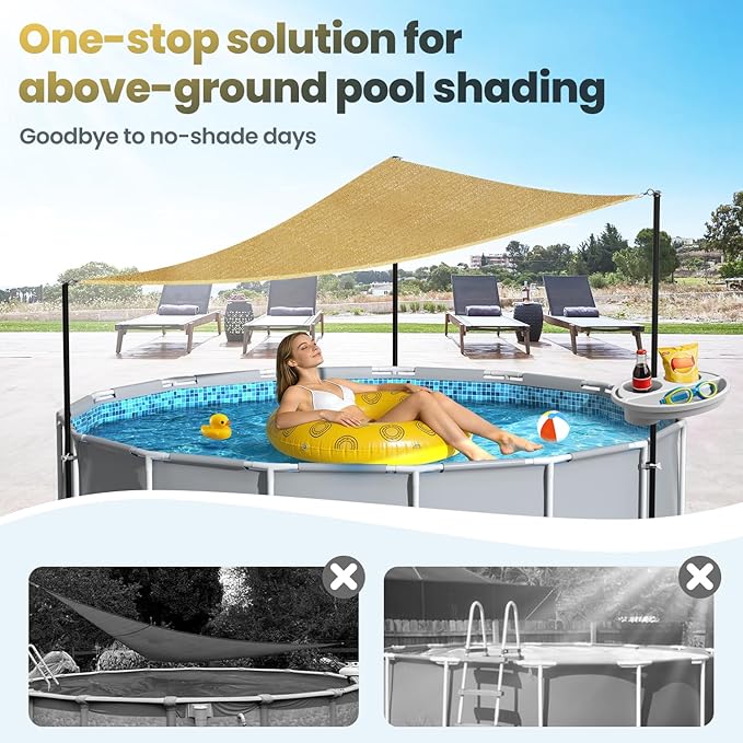 Above Ground Pool Shade Canopy Set - Triangular UV-Resistant Sunshade with Storage Tray & Support Poles, Outdoor Backyard Sun Shade Cloth for 11-16Ft Swimming Pools and Decks (10x10x10 Ft)