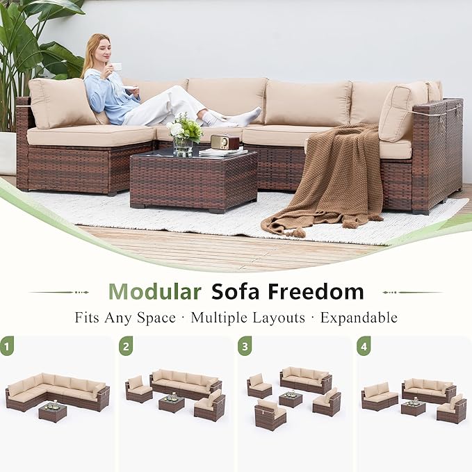 Amopatio Outdoor Patio Furniture Set 7 Pieces Patio Conversation Set Sectional Couch Sofa with All-Weather Cover, Glass Table & Thicken Cushion Fits Garden Yard Porch