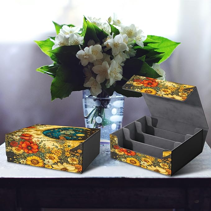 Card Deck Box for MTG, Cards Storage Box Fits 120+ Sleeved, Leather Big Size Strong Magnetic Closing Case for Board Games Magic TCG CCG Baseball Collection Women Man, Flower Big Moon