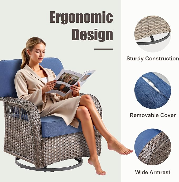 6 Pieces Outdoor Patio Furniture Set, All Weather Wicker Swivel Rocker Patio Chairs High Back Sofa with Ottomans, Outdoor Patio Furniture Set for Deck Porch Garden Backyard, Blue
