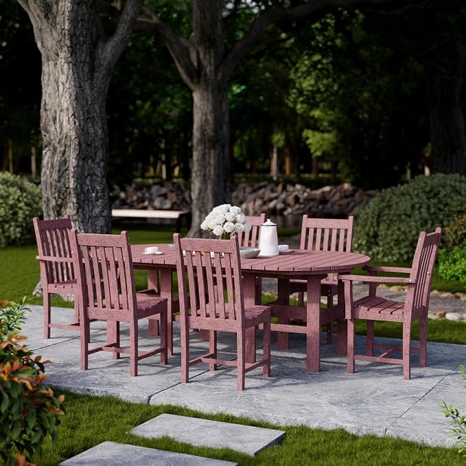 Wildridge Classic 7-Piece 44"x84" Dining Set, Cherrywood - Outdoor Weather Resistant Recycled Plastic Furniture for Patio