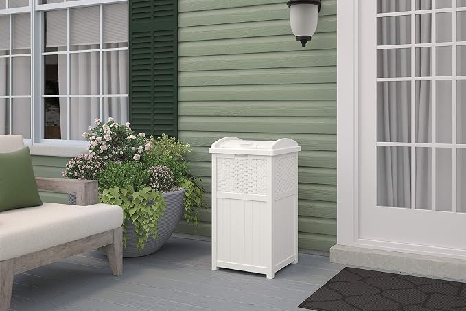 Suncast 99 Gal Resin Wicker Patio Storage Box - Water Resistant Outdoor Storage Container White & 33 Gal Hideaway Trash Can for Patio - Resin Outdoor Trash with Lid
