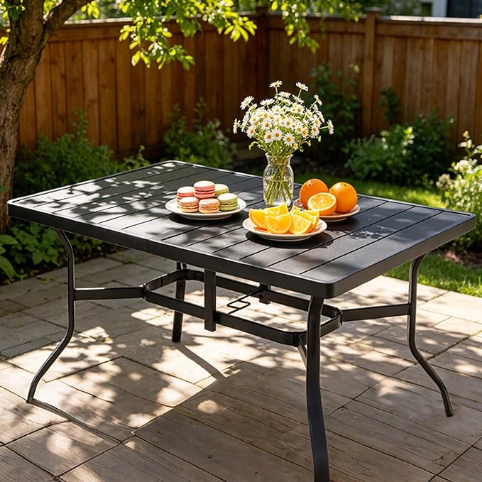 Thanaddo 57" Outdoor Patio Dining Table, Metal Rectangular Table with 2.16" Umbrella Hole, Weather-Resistant Slatted Steel Table for Backyard, Garden, Poolside, Black
