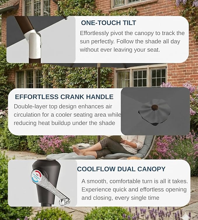 PatioKingdom 9FT Patio Outdoor Umbrella-UPF 50+ Sun Shade with Wind Vent, Push-Button Tilt & Smooth Crank Lift, Rust-Resistant Fiberglass Frame for Garden, Backyard,Yard (Gray)