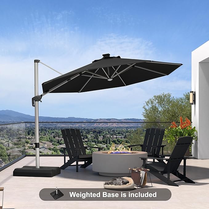 PURPLE LEAF Cantilever Umbrella with base 11ft Outdoor Round Patio Solar Powered LED Umbrella with 360-degree Rotation for Garden Deck Pool Patio, Black