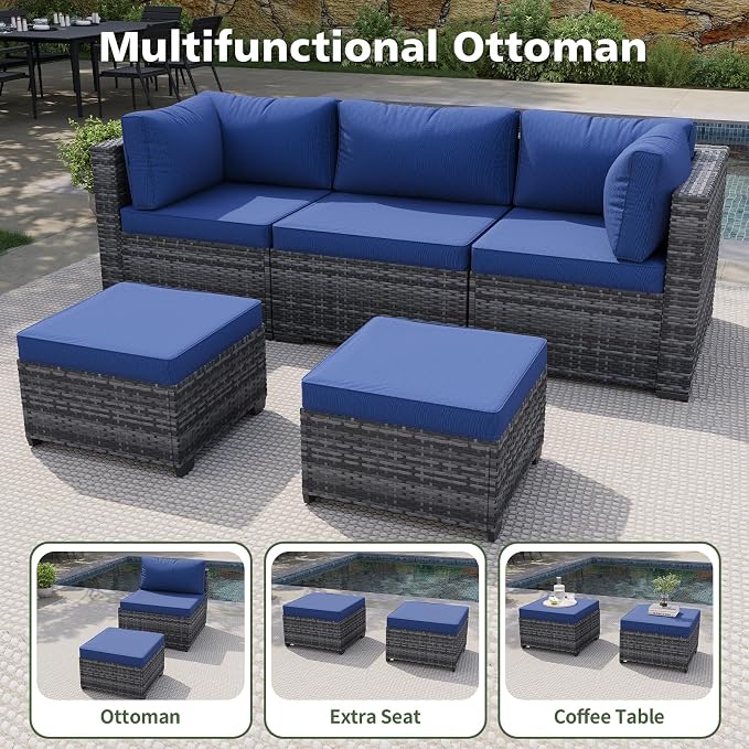 Aoxun 12 Piece Outdoor Patio Furniture Set with Coffee Table, Wicker Rattan Outdoor Furniture with High Back Swivel Rocker Chairs, Outdoor Conversation Set with Thick Cushion & Ottoman, Navy Blue