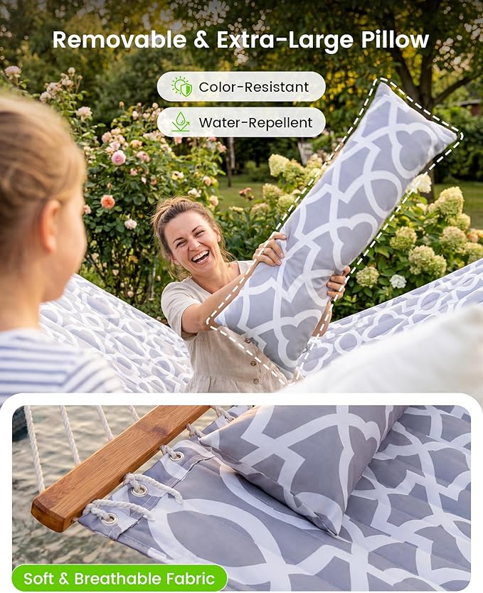 Double Quilted Outdoor Hammock for 2 Adults, 500lb Capacity Backyard & Camping Hammock with Pillow and Bamboo Spreader Bar, Fits 11–15ft Hammock Stands (Stand Not Included),Light Gray