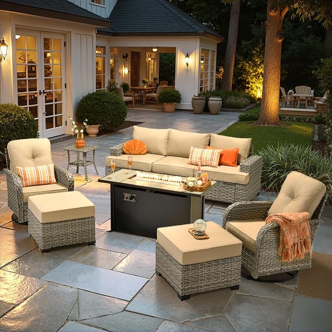 HOOOWOOO Sectional Patio Furniture Set with Fire Pit Table,9 Pieces Wicker Outdoor Furniture Couch,Outside Conversation Set Extra Deep Seat Sofa Wide Rocking Chairs Ottomans Arm Solar Table,Beige