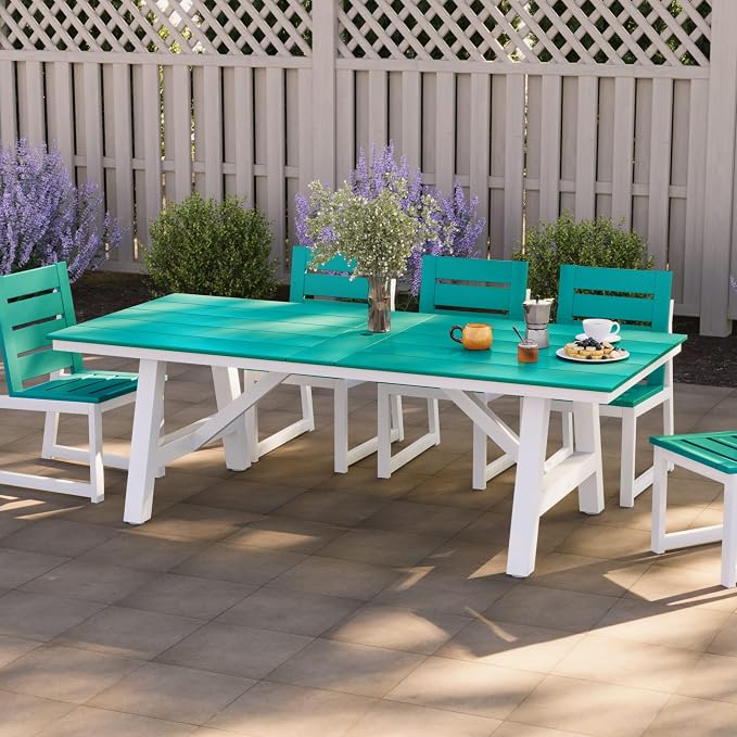 WestinTrends Cape May 90" HDPE Rectangle Outdoor Patio Dining Table with Umbrella Hole and Metal Frame, Turquoise