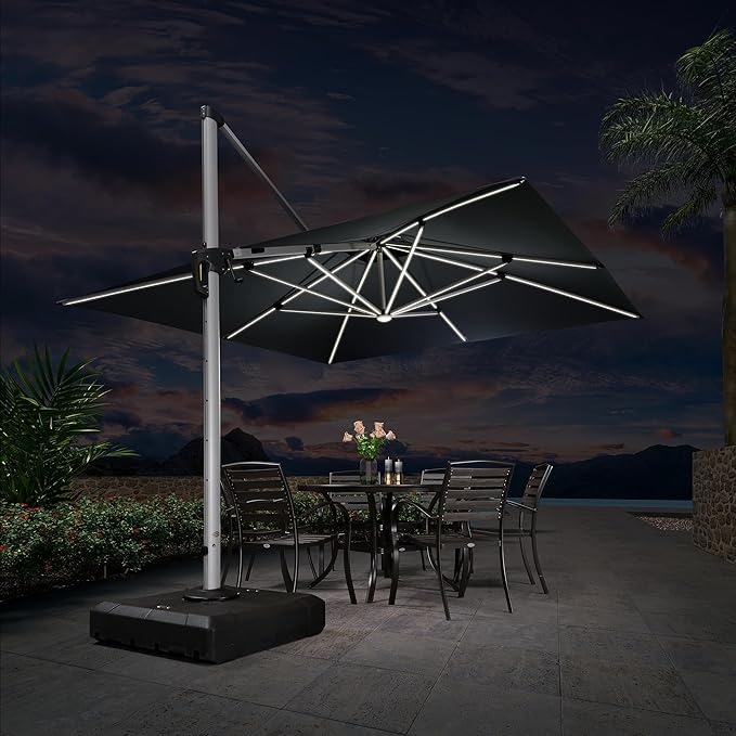 PURPLE LEAF 11 Feet Solar Powered LED Square Cantilever Umbrella With Base Patio Umbrella Windproof Outdoor Offset, Grey