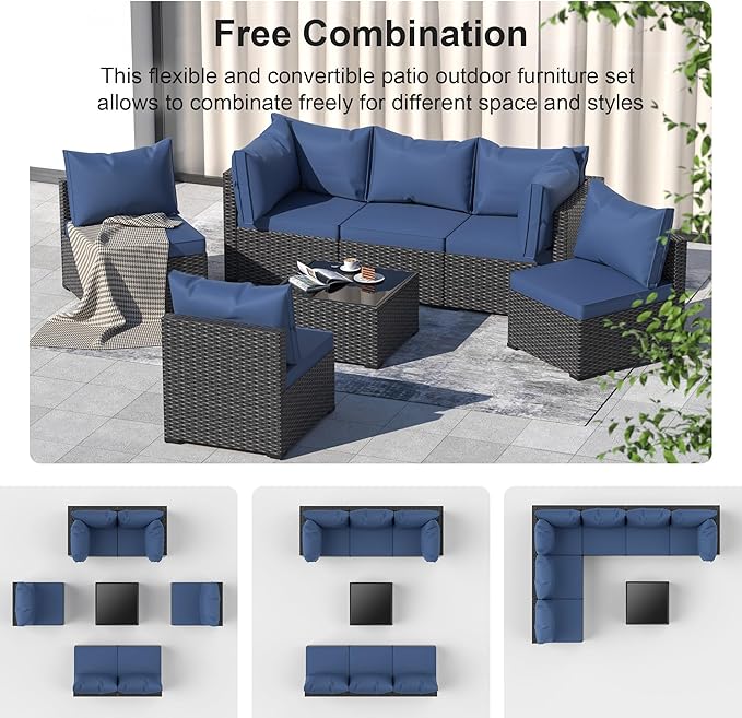 Patio Furniture Set, 7PCS Outdoor Sectional PE Rattan Patio Conversation Set w/Thickened Cushion Modular Wicker Patio Sofa Set w/Coffee Table for Balcony, Backyard(Blue)