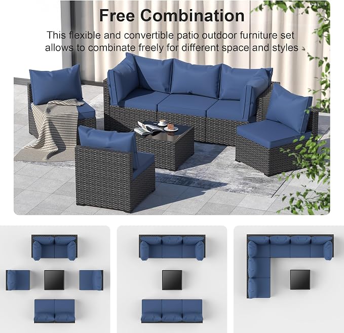 Patio Furniture Set, 7PCS Outdoor Sectional PE Rattan Patio Conversation Set w/Thickened Cushion Patio Sectional Modular Wicker Patio Sofa Set w/Coffee Table for Balcony, Backyard(Blue)