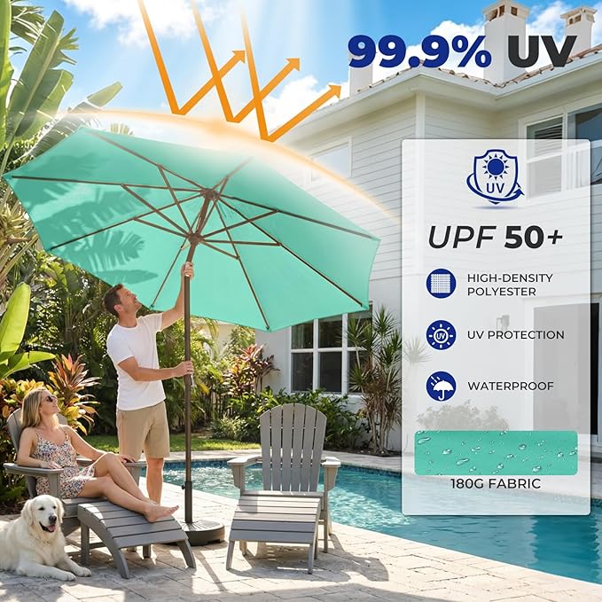 BRIOPAWS 9FT Patio Umbrella with Base Included | Outdoor Table Umbrellas | Push Button Tilt & Crank | 8 Sturdy Fiberglass Ribs | Waterproof | Heavy Duty for Garden Lawn DeckBackyard & Pool