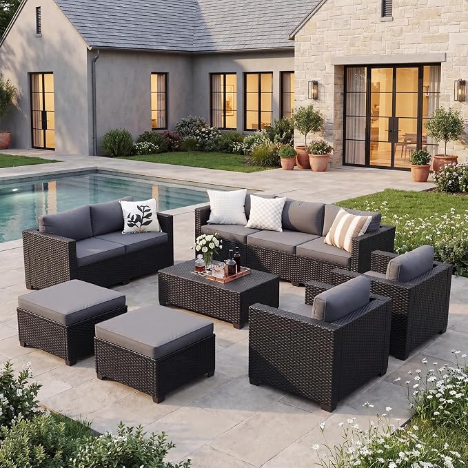 LazySunsets 7-Piece Outdoor Patio Furniture Set, Rattan Outdoor Sectional with Thick Waterproof Cushions, Wicker Ottomans & Waterproof Cover, Patio Conversation Set for Garden, Backyard,Grey