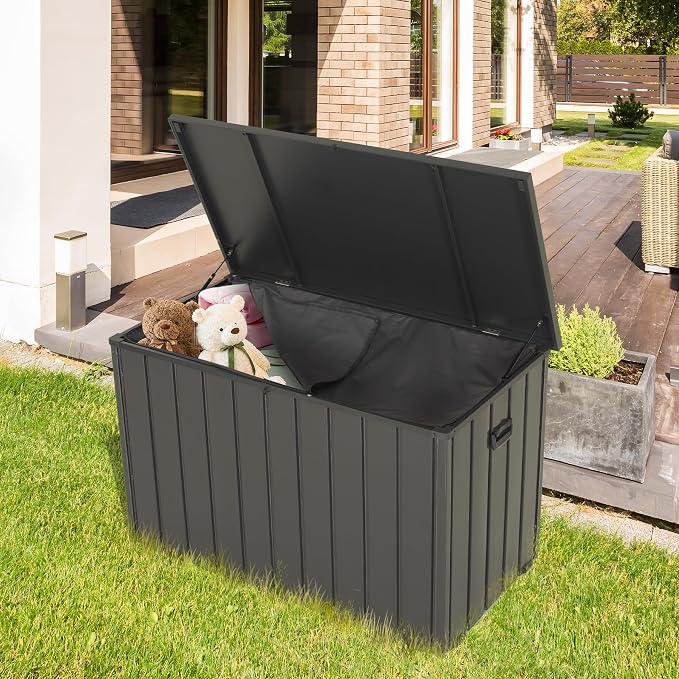 Outdoor Storage Box, 100 Gallon Metal Deck Box Built in a Fabric Storage Bag, Lockable Waterproof Outside Patio Storage Box Gray