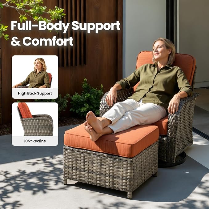 6 Piece Wicker Patio Furniture with Swivel Rocker Chair, Orange | High Back Swivel Rocker Chairs, Outdoor Sofa Ottoman, Heavy Duty, All Weather Rattan Modern Conversation Sets, Deck Backyard