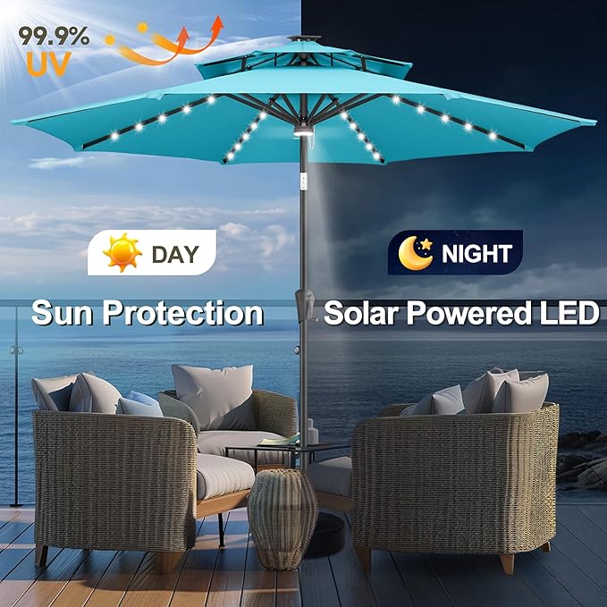 FLAME&SHADE 2 Tiers 9ft Solar Light Patio Umbrella, 40 LED lights outdoor umbrella with Centre Surround Light, Table Market Umbrella for Deck, Pool, Porch, Backyard, Garden (Aqua Blue)