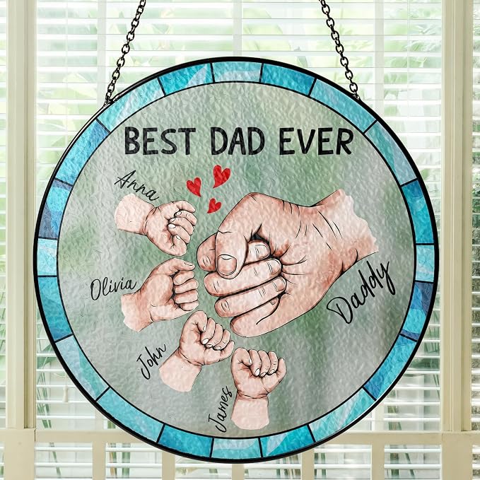 Personalized for Dad, Custom Stained Glass Window Hanging Suncatcher - Unique Gift for Papa Fathers - Best Dad Ever - Custom Gifts with Photo for Father