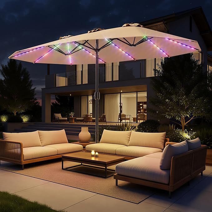 HOMSHADE Double Sided Patio Umbrellas with Base - 15ft RGB Multi-Color Flowing LED Lights Outdoor Extra Large Market Table Umbrella w/Stand, Oversized Umbrella for Deck, Pool, Backyard,Beige