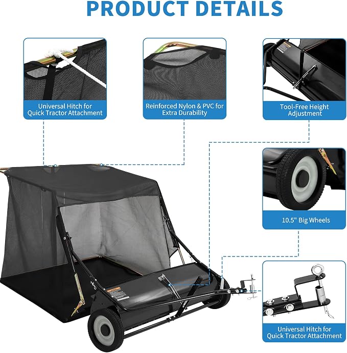 50" Tow Behind Lawn Sweeper, 33 cu. ft Extra-Large Capacity Leaf & Grass Collector-Adjustable Sweeping Height, Dumping Rope Design for Efficient Debris & Grass Cleanup on Yards, Driveways & Sidewalks