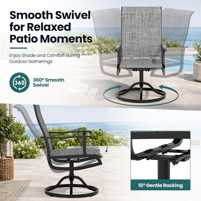 Pamapic 7-Piece Outdoor Dining Set, All Weather Patio Table and Chairs Set with Umbrella Hole, Wood-Like Table and 6 360° Swivel Textilene Chairs for Backyard, Poolside, Deck, Porch, Grey