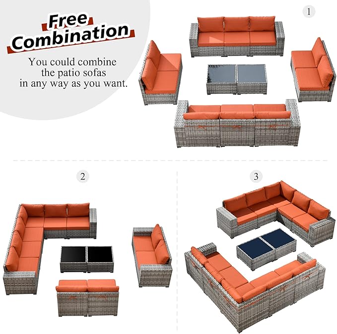 HOOOWOOO Outdoor Patio Sectional Furniture Sofa Set with Widened Armrest,12 Piece Large Modern Wicker Couch,Modular L Shaped Conversation Seating Set with Table for Out Door Garden Corner(Orange Red)