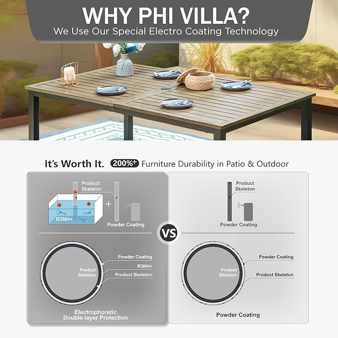 PHI VILLA 7 Pieces Outdoor Dining Set for 6, 65” Brown Wood-Like Metal Steel Dining Table & Stackable Black Iron Chairs, Large Outside Furniture Set for Patio, Deck, Yard, Porch
