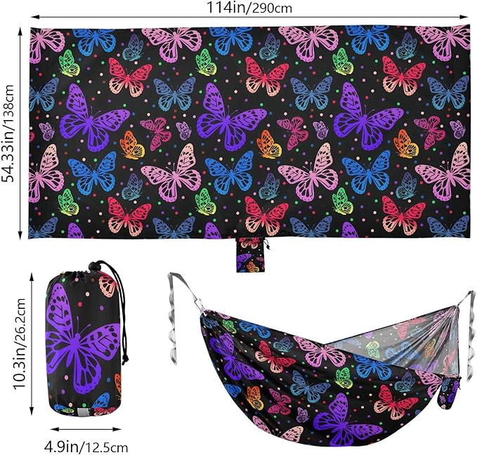 Camping Hammock Outdoor Hammocks for Outside Rainbow Butterfly Black Beach Trees Portable Lightweight with Pockets Tree Straps Indoor
