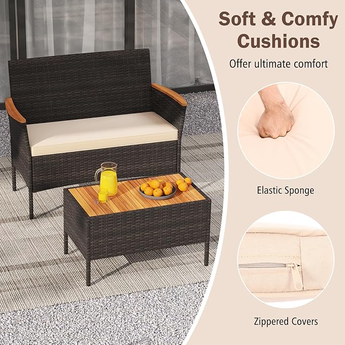 Tangkula 4 Pieces Patio Wicker Sofa Set, 2 Rattan Chairs & Loveseat w/Coffee Table, Acacia Wood Armrests & Tabletop, Outdoor Cushioned Conversation Set for Backyard, Poolside (1)