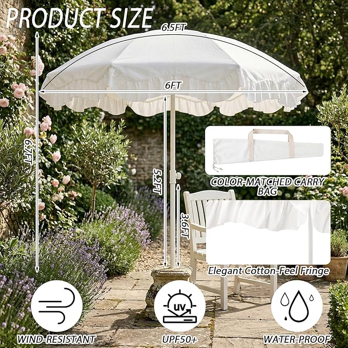 Boho Fringe Beach Umbrella with Extra Large Picnic Blanket Set, 6.5Ft UPF50+ Tassel Ruffles Umbrella 71"x 91" Picnic Blanket for Beach Wedding Bridal Shower Birthday Party Patio Lawn